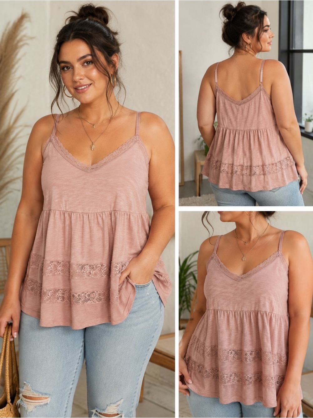 Torrid Size 2 Blush Pink Lace Trim Babydoll Cami Tank Lace Tiered 18/20